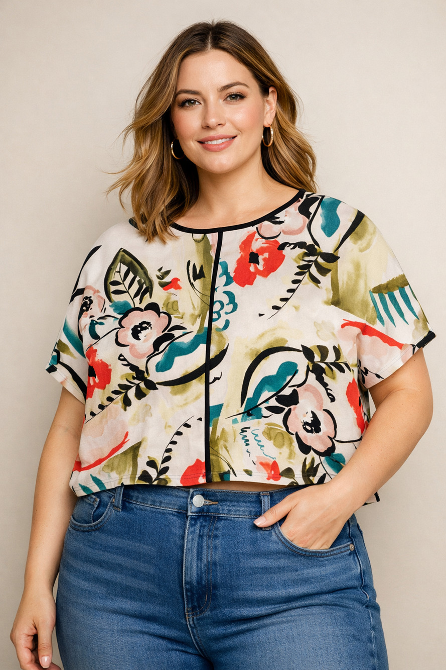 M&S Collection Ivory Floral Crop Top UK 22 EU 50 Boxy Short Sleeve Artsy Print